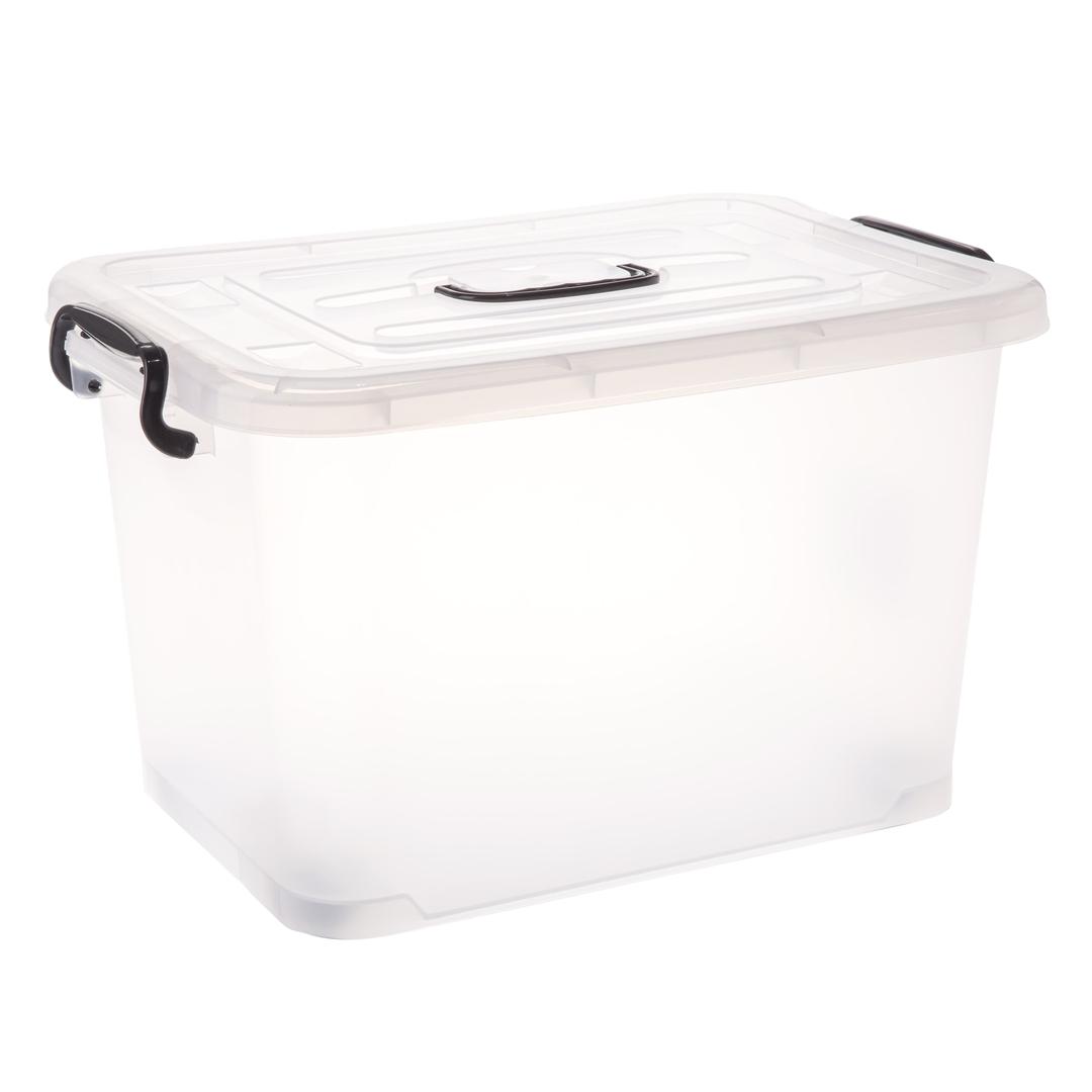 Plastic box on wheels with clearance handle