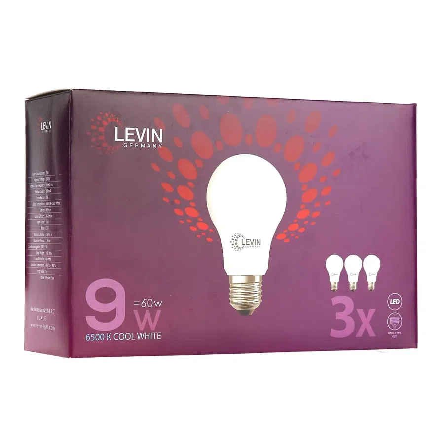 عبوة لمبات LED E27 نوع A ليفين (3 قطع، 9 واط، أبيض ضوء نهاري)
